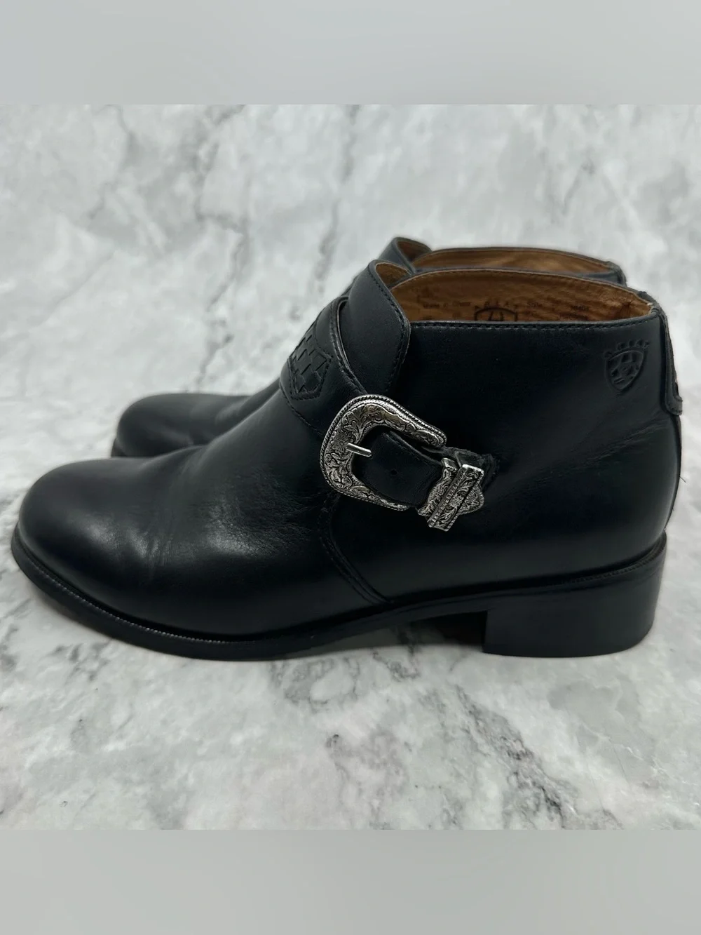 Ariat Black Leather Ankle Boots with Decorative Silver Buckle